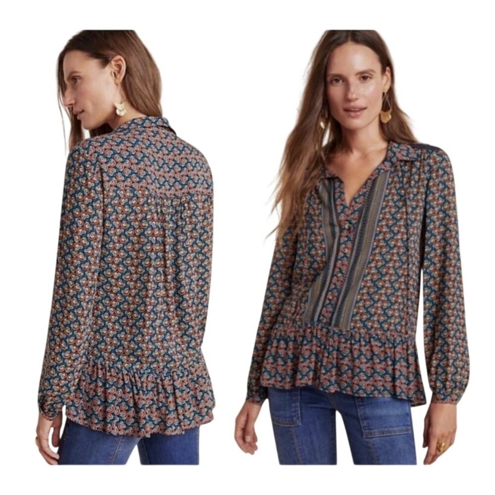 Anthropologie Maeve Janie Flounced Peasant Button Front Blouse Size 4P